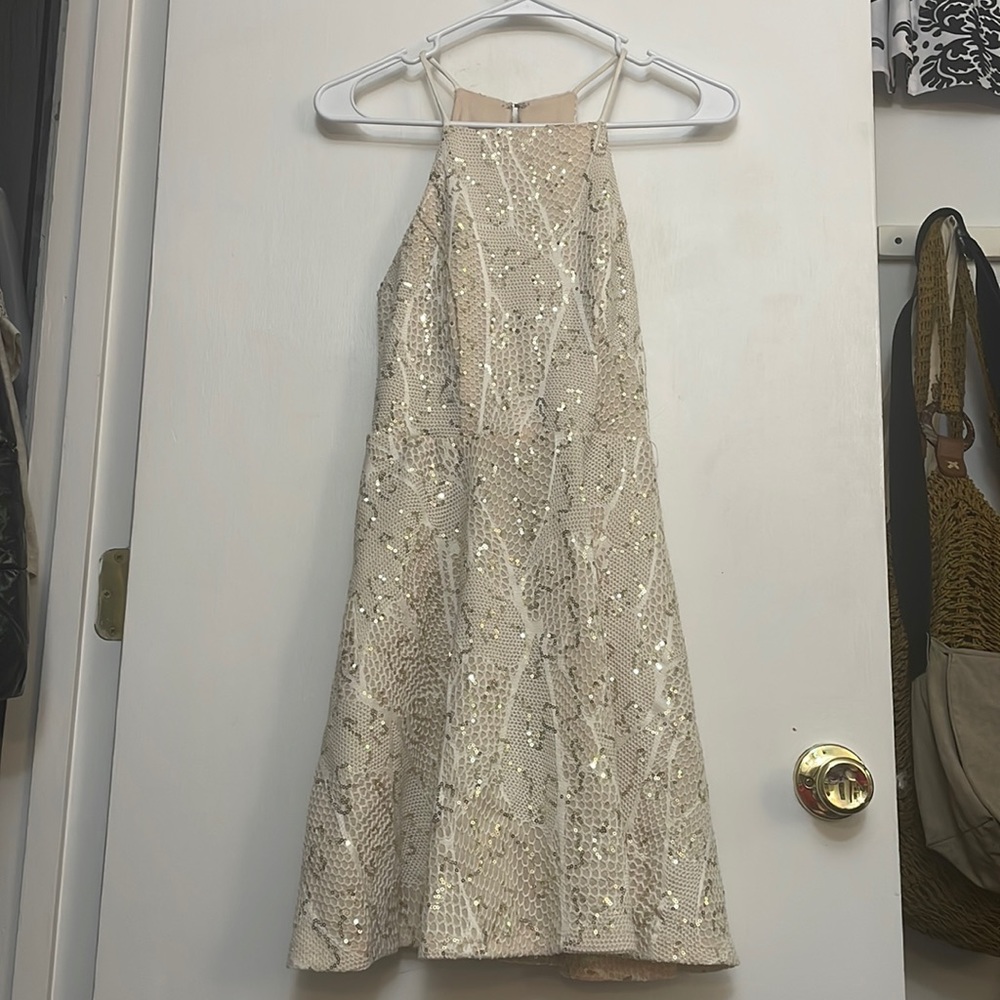 Short light pink sparkly gold dress